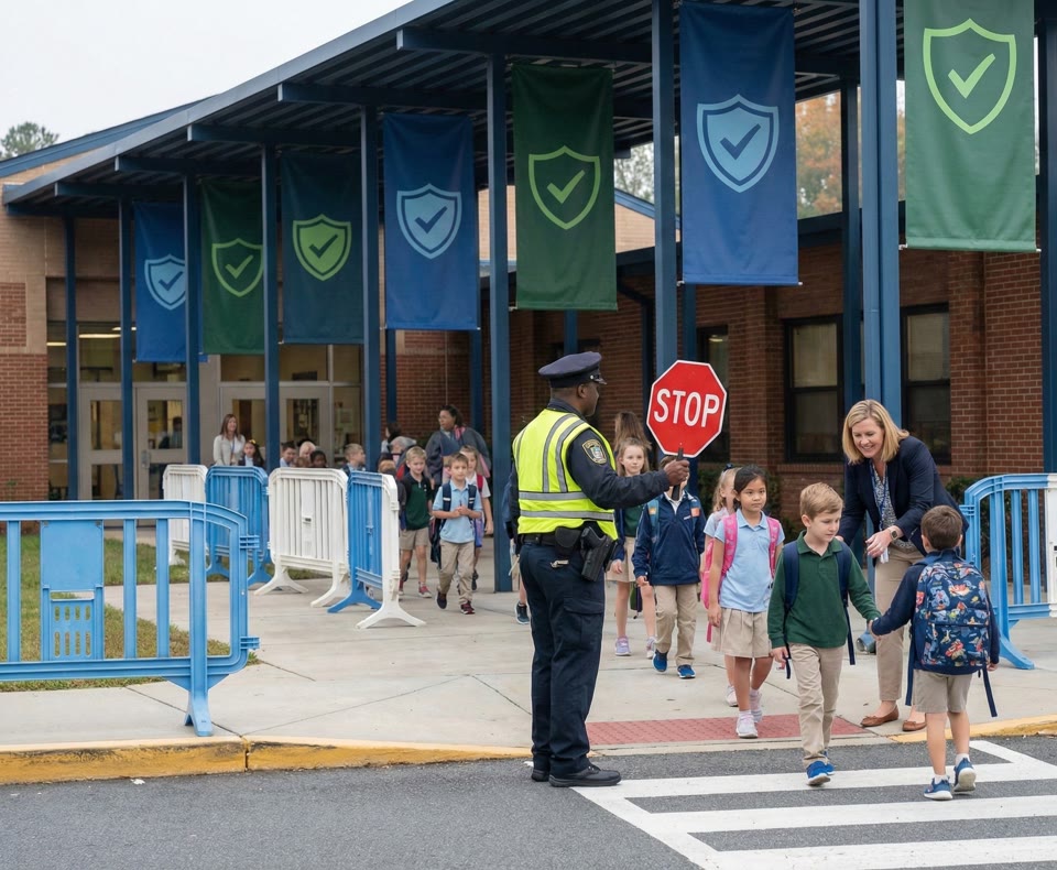 Students arriving safely at school with clear adult supervision at the curb